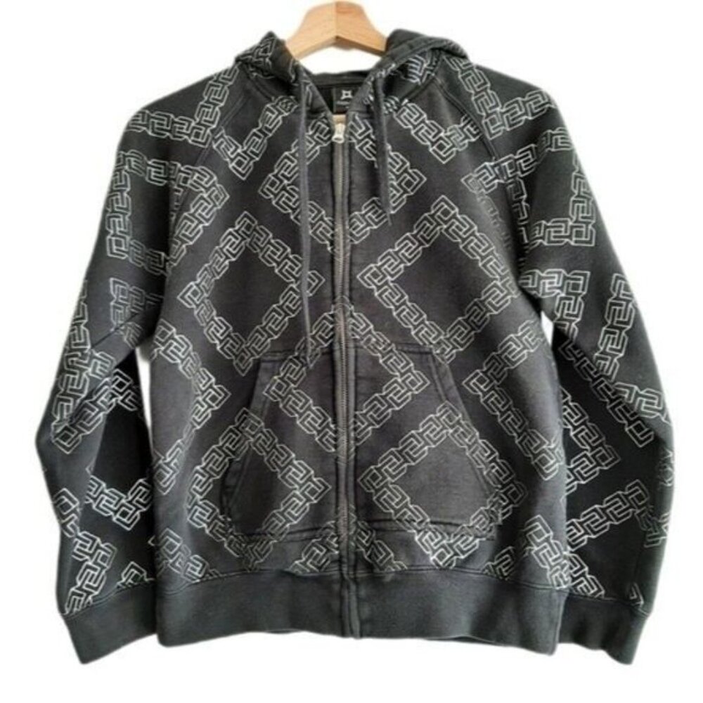 FRESHJIVE 90's Sweatshirt Hoodie Jacket Full-zip Black & Silver Geo Sz M Flawed
